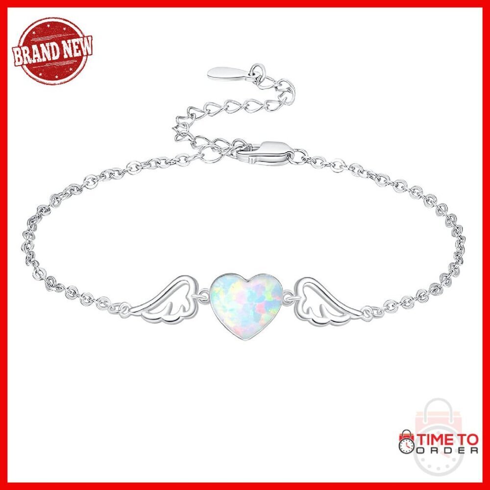 Sterling Silver Angel Wing Heart Bracelet, 7"+2" Chain, Adjustable